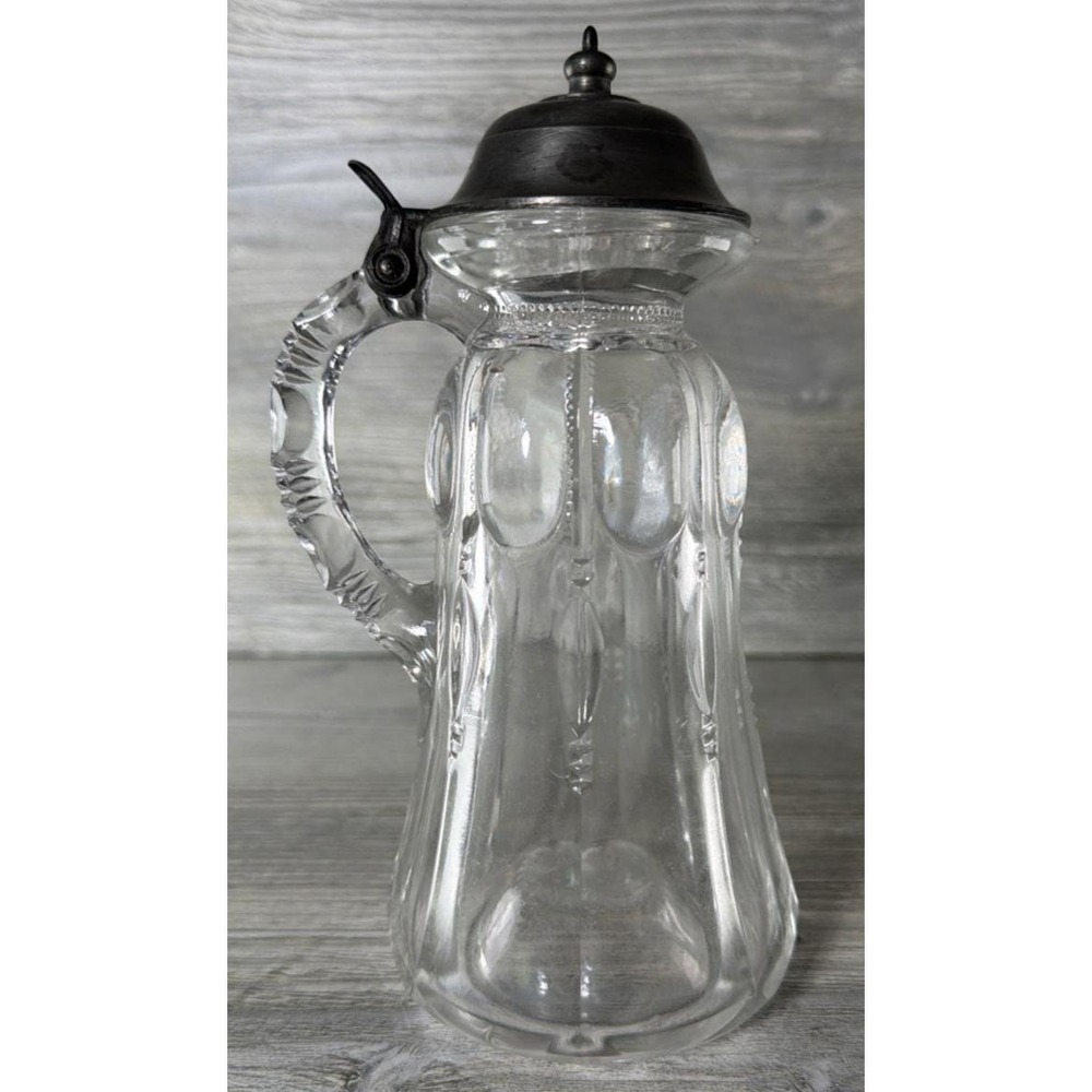 Vtg Syrup Molasses Pitcher EAPG Pressed Glass Decanter Pewter Lid Creamer Glow